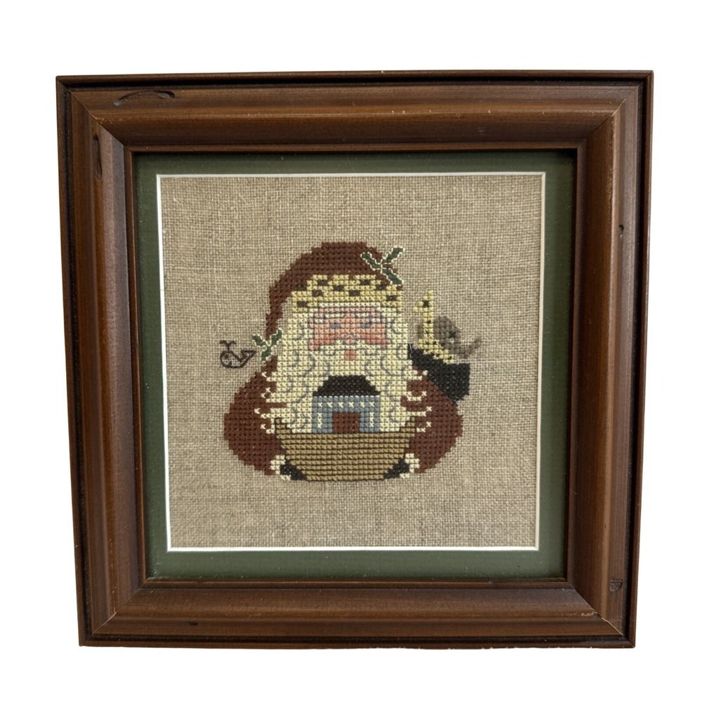 Handmade Framed Cross Stitch Santa Claus with Turtle Dove